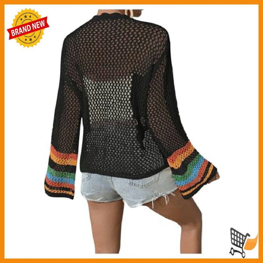 Floral Crochet Cardigan Long Sleeve Open Front Lightweight Sweater - Picture 3 of 7